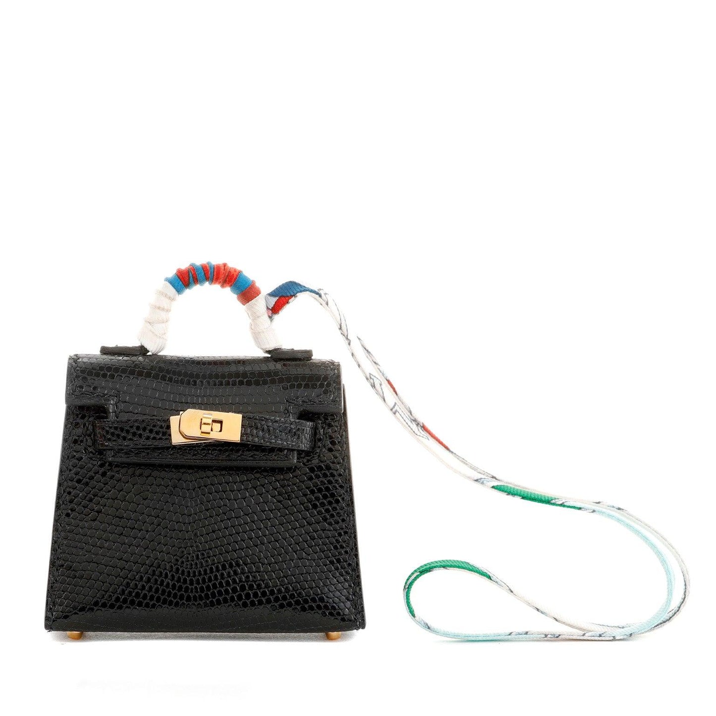 Luxury Hermes Mini Lizard Kelly Purse Charm w/ Gold Hardware w/ Twilly