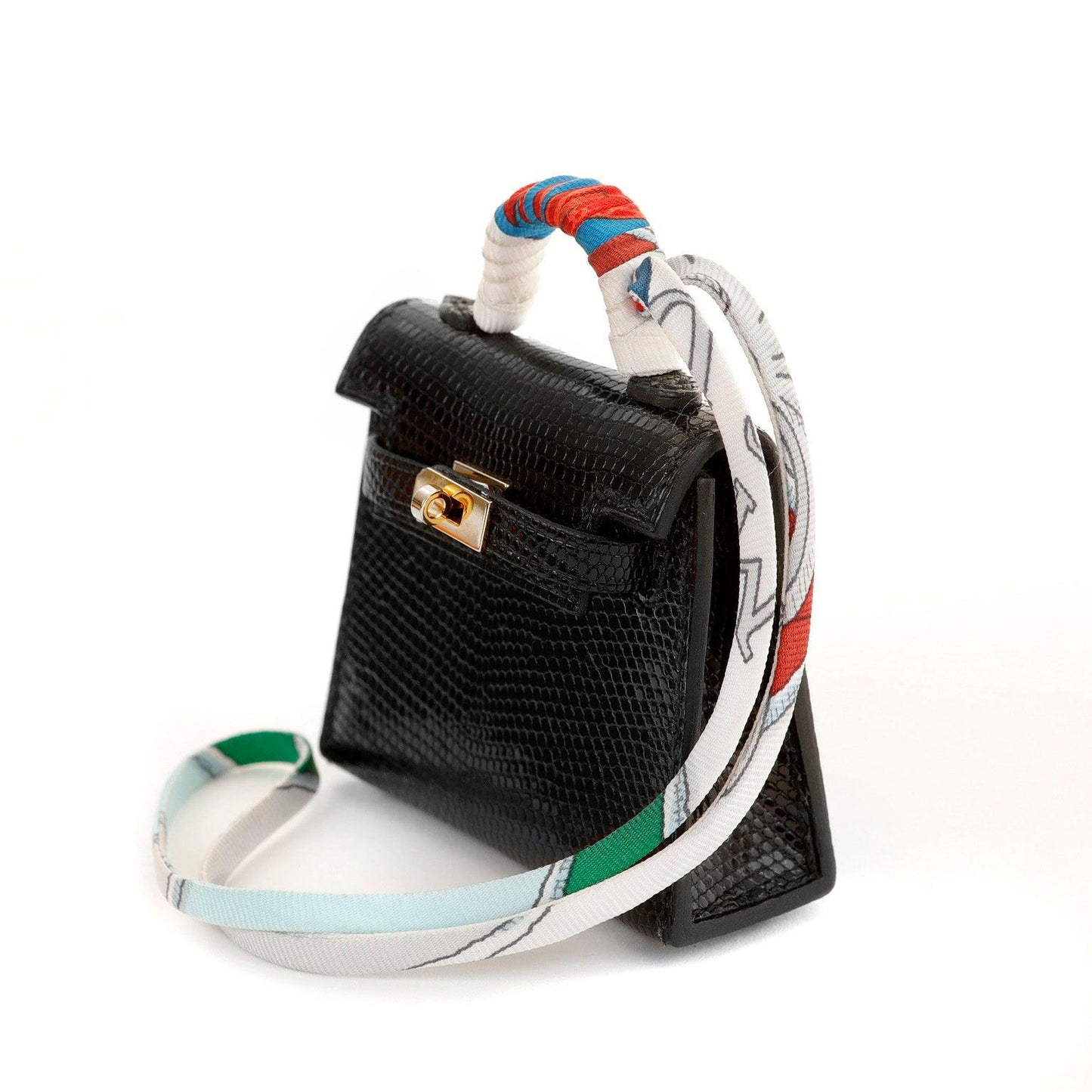 Luxury Hermes Mini Lizard Kelly Purse Charm w/ Gold Hardware w/ Twilly