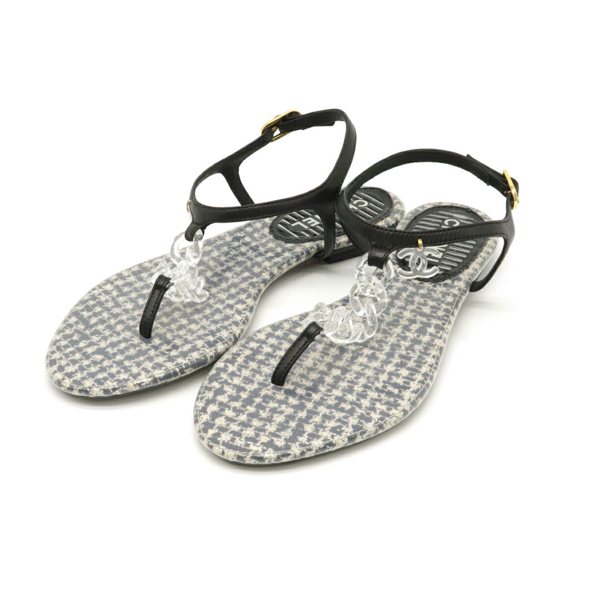 Chanel Coco Mark Sandals Leather Rubber Black