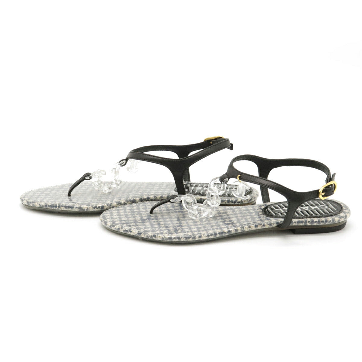 Chanel Coco Mark Sandals Leather Rubber Black