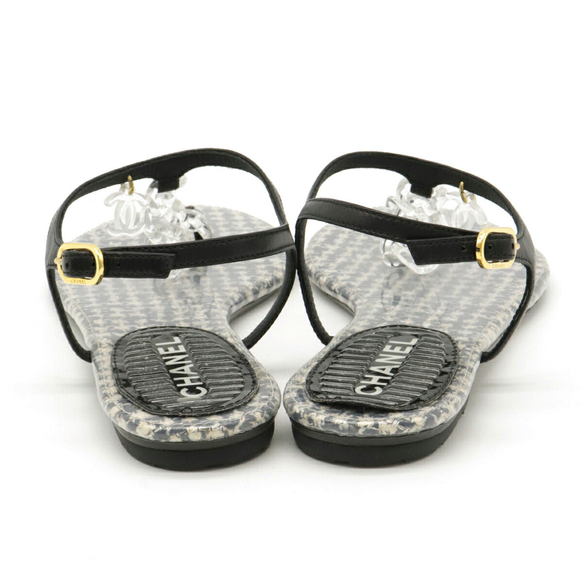 Chanel Coco Mark Sandals Leather Rubber Black