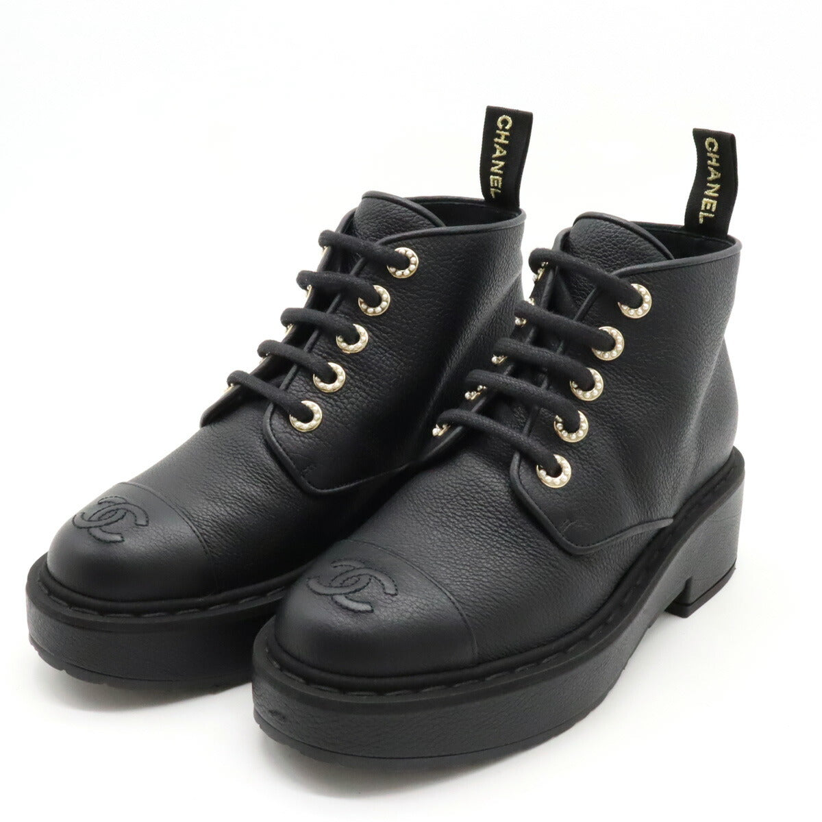 Chanel Leather Pearl Short Boots Black