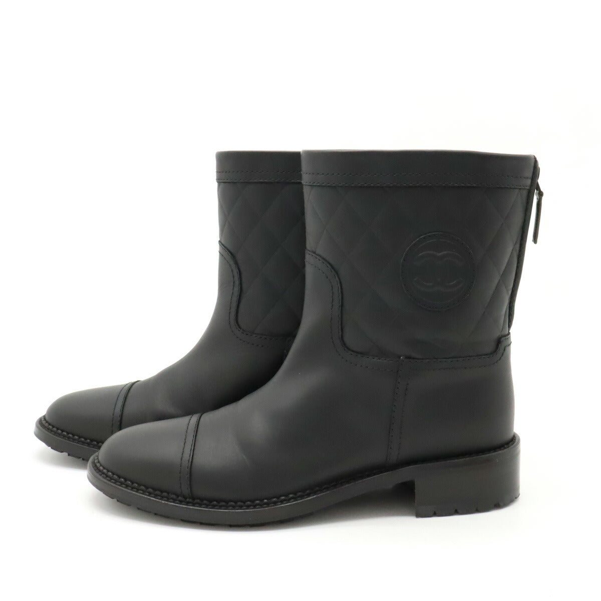 Chanel Leather Coco Mark Engineer Boots Black
