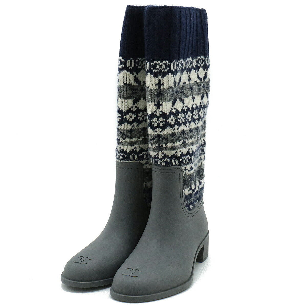 Chanel Wool Rubber Long Boots Navy Gray White
