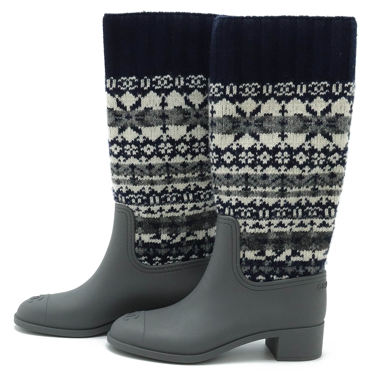 Chanel Wool Rubber Long Boots Navy Gray White