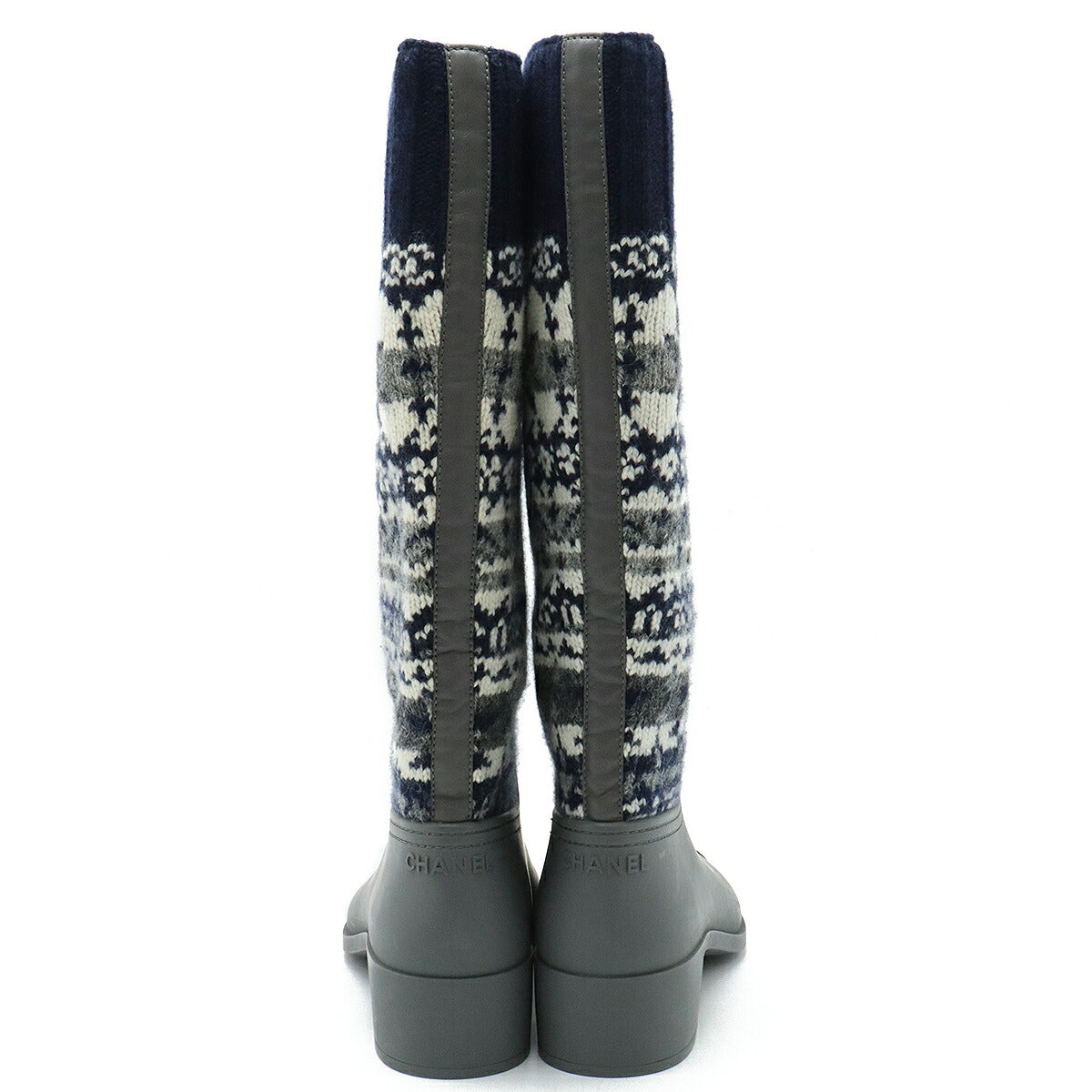 Chanel Wool Rubber Long Boots Navy Gray White