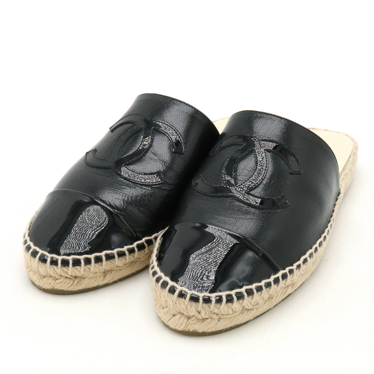 Chanel Coco Mark Espadrille Flat Sandals Leather Enamel