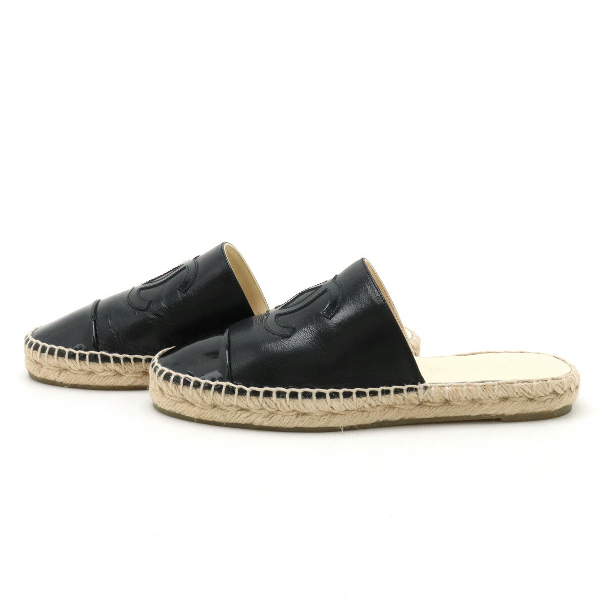 Chanel Coco Mark Espadrille Flat Sandals Leather Enamel