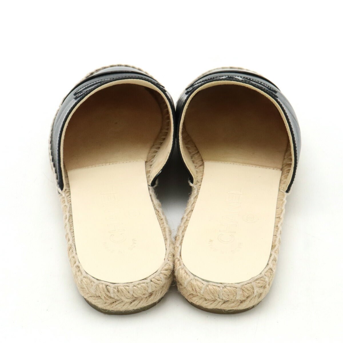 Chanel Coco Mark Espadrille Flat Sandals Leather Enamel