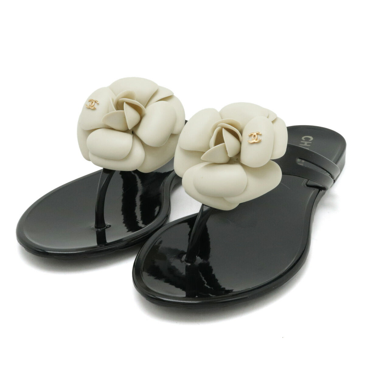 Chanel Camellia Coco Mark Thong Sandals Black White