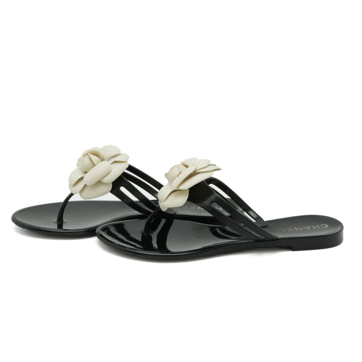 Chanel Camellia Coco Mark Thong Sandals Black White