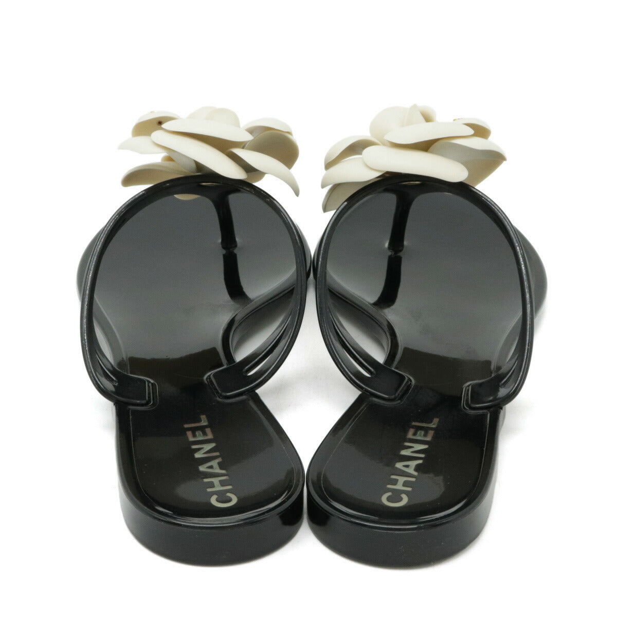 Chanel Camellia Coco Mark Thong Sandals Black White