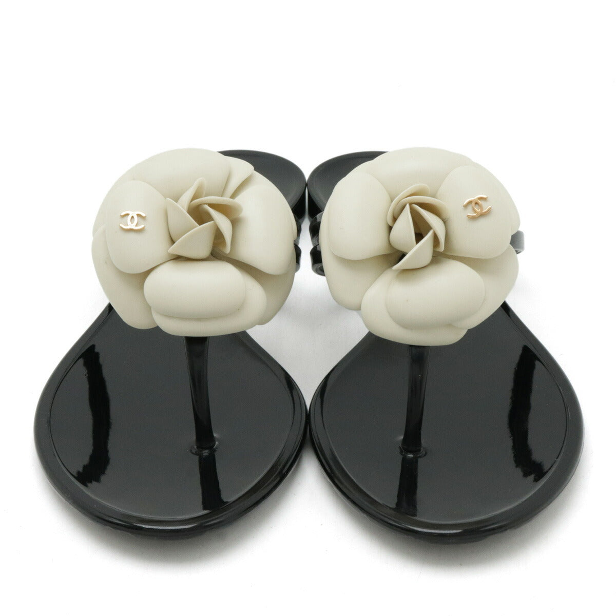 Chanel Camellia Coco Mark Thong Sandals Black White