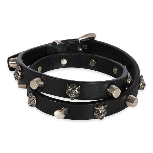 Luxury Gucci Trending 2025 Black Leather Double Wrap Bracelet with Feline Heads & Studs
