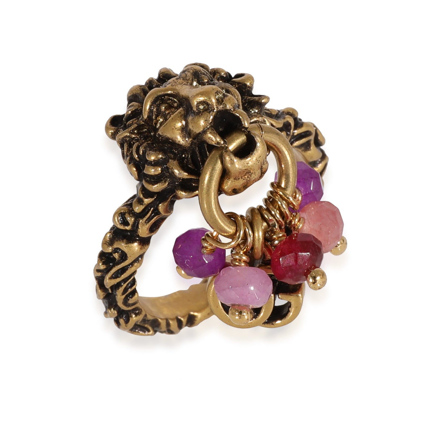 Luxury Gucci Trending 2025 Brass Tone Lion Head Ring with Multi Stone Dangle