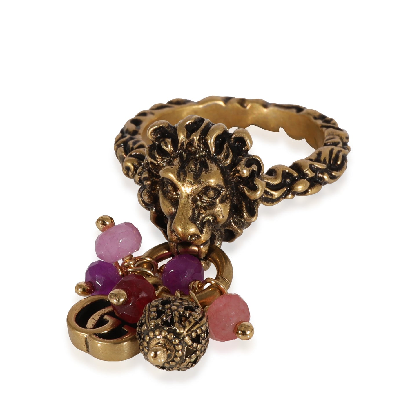 Luxury Gucci Trending 2025 Brass Tone Lion Head Ring with Multi Stone Dangle