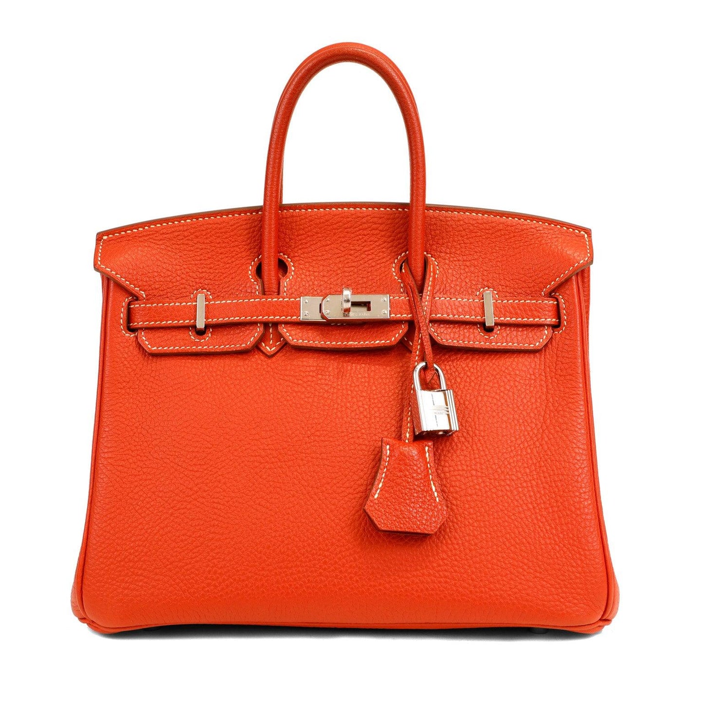 Luxury Hermes 25cm Rouge Tomate Togo Birkin w/ White Stitching & Palladium Hardware