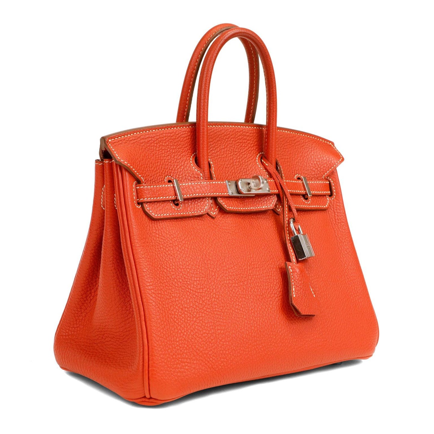 Luxury Hermes 25cm Rouge Tomate Togo Birkin w/ White Stitching & Palladium Hardware