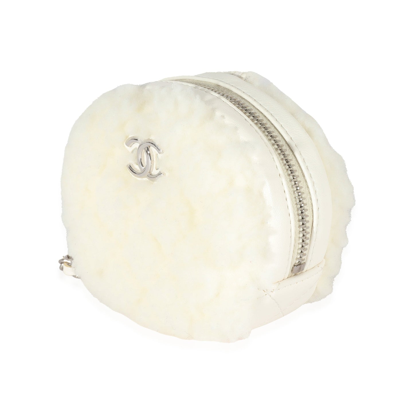 CHANEL 21N White Shearling Coco Neige Mini Circle Clutch On Chain