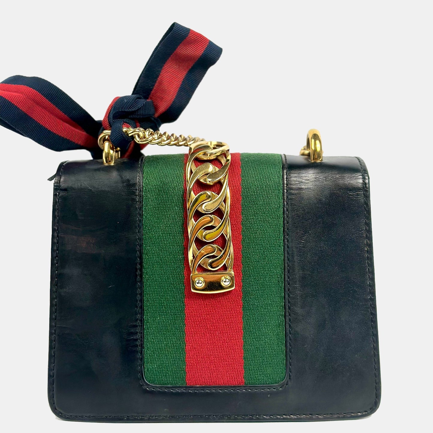 Luxury Gucci Trending 2025 Navy Leather Sylvie Flap Chain Bag
