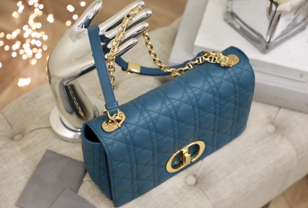 Luxury DiorLARGE CARO BAG 28 DEEP OCEAN BLUE SUPPLE CANNAGE CALFSKIN