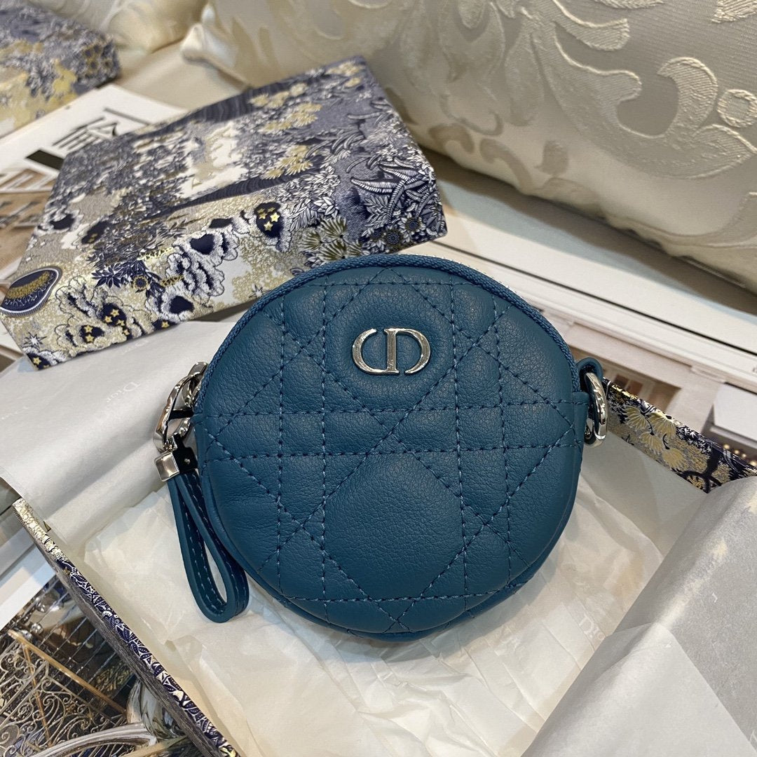 Luxury DiorDETACHABLE CARO ROUND COIN PURSE DEEP OCEAN BLUE CANNAGE CALFSKIN