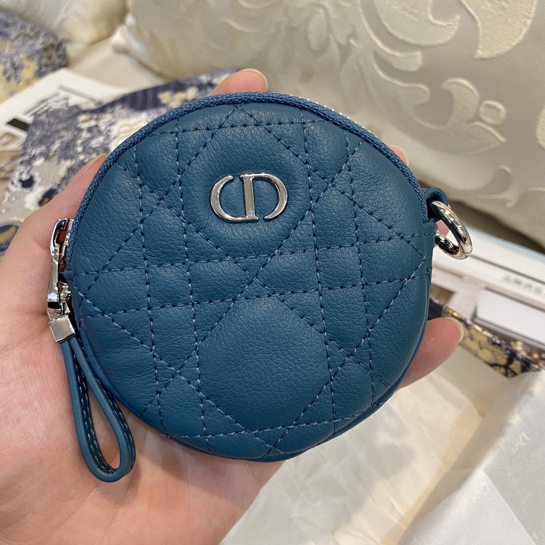 Luxury DiorDETACHABLE CARO ROUND COIN PURSE DEEP OCEAN BLUE CANNAGE CALFSKIN