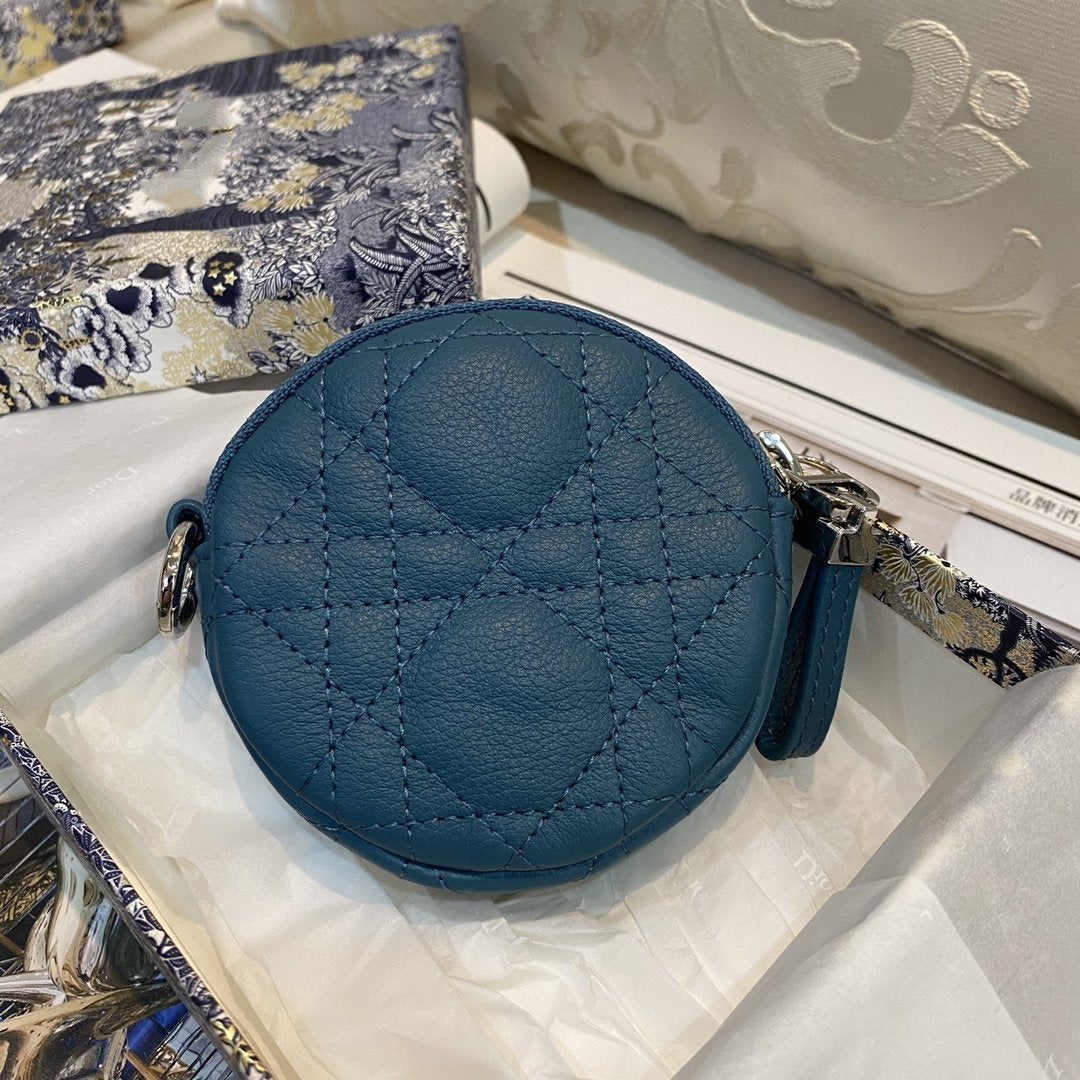 Luxury DiorDETACHABLE CARO ROUND COIN PURSE DEEP OCEAN BLUE CANNAGE CALFSKIN