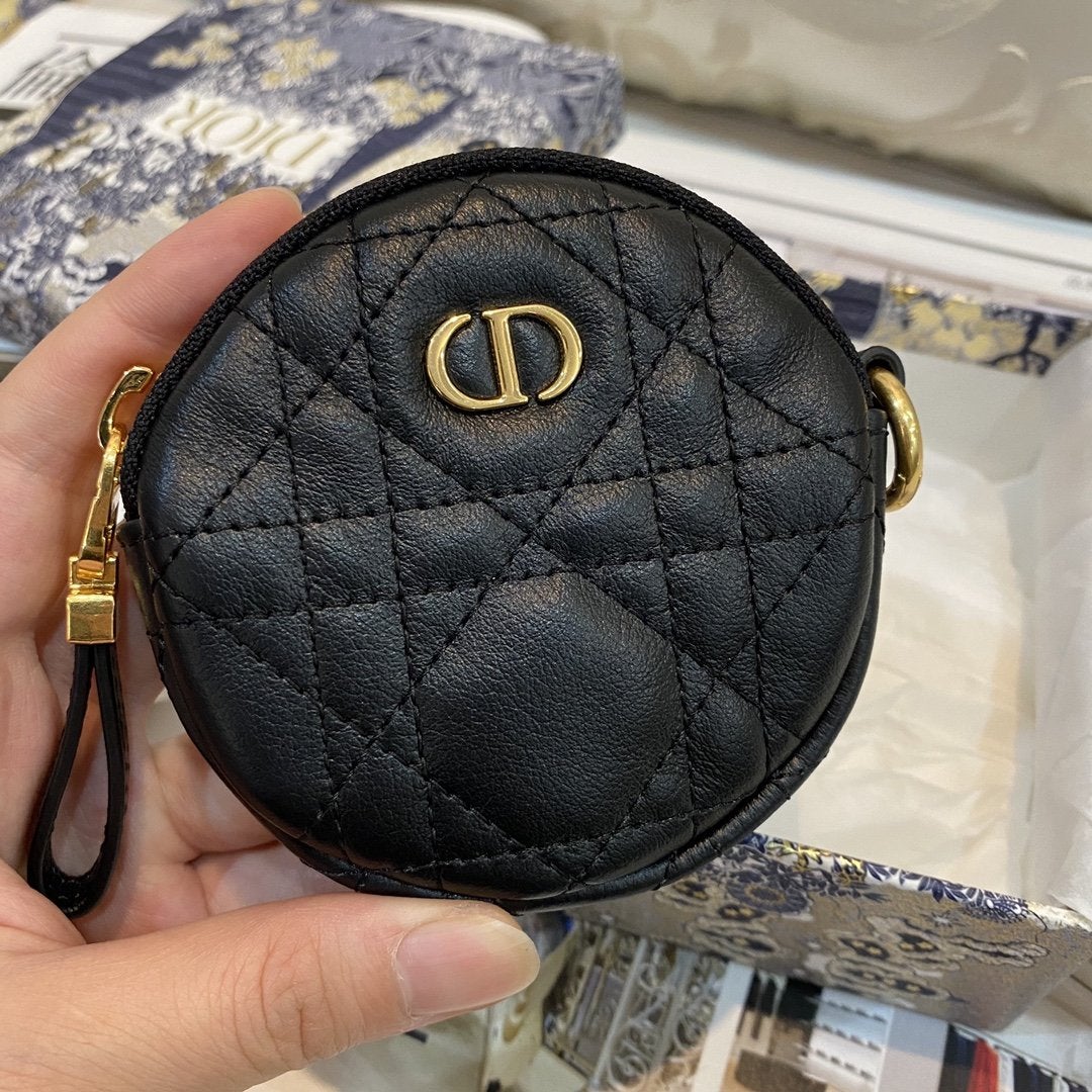 Luxury DiorDETACHABLE CARO ROUND COIN PURSE BLACK CANNAGE CALFSKIN
