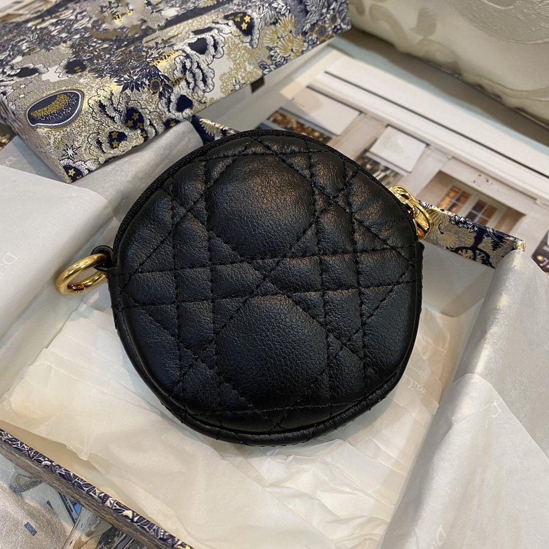 Luxury DiorDETACHABLE CARO ROUND COIN PURSE BLACK CANNAGE CALFSKIN