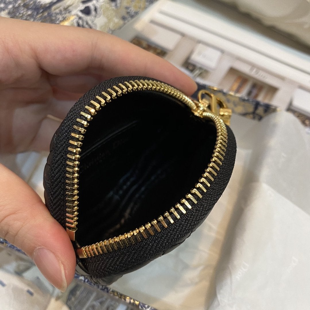 Luxury DiorDETACHABLE CARO ROUND COIN PURSE BLACK CANNAGE CALFSKIN