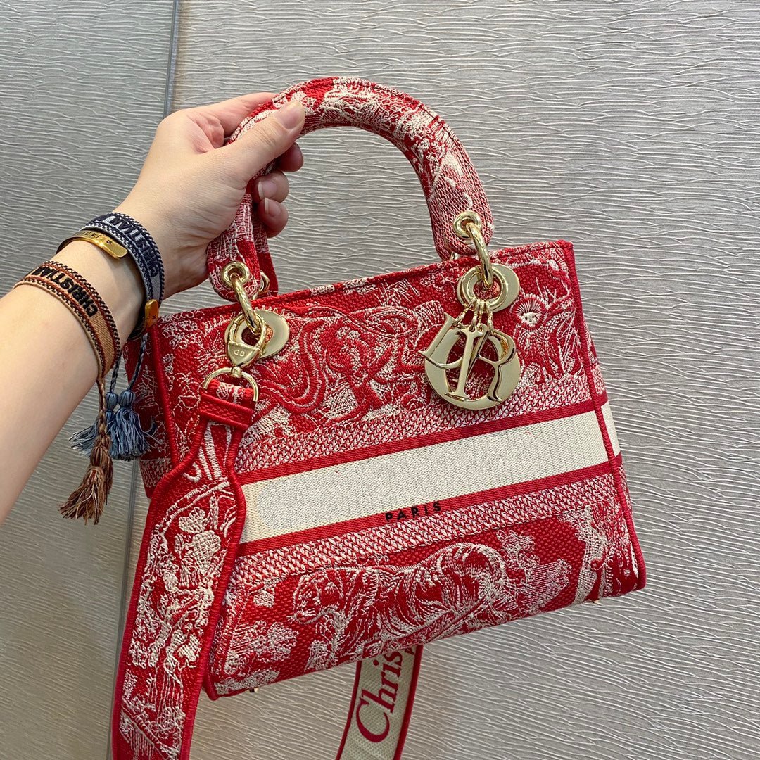 Luxury DiorMEDIUM LADY D-LITE 24 RED MULTI COLOR EMBROIDERY