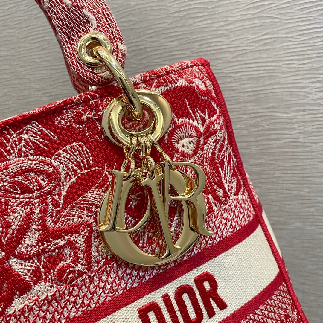 Luxury DiorMEDIUM LADY D-LITE 24 RED MULTI COLOR EMBROIDERY