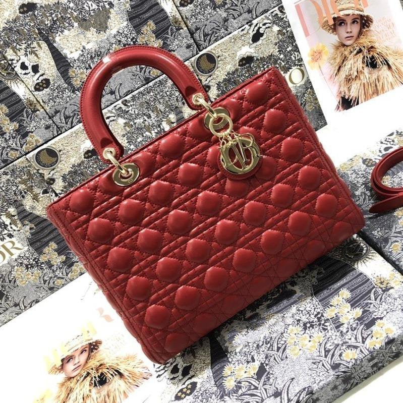 Luxury DiorLARGE LADY BAG 32CM RED CANNAGE LAMBSKIN