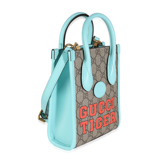 Luxury Gucci Trending 2025 Blue Leather GG Supreme Canvas Tiger Mini Tote