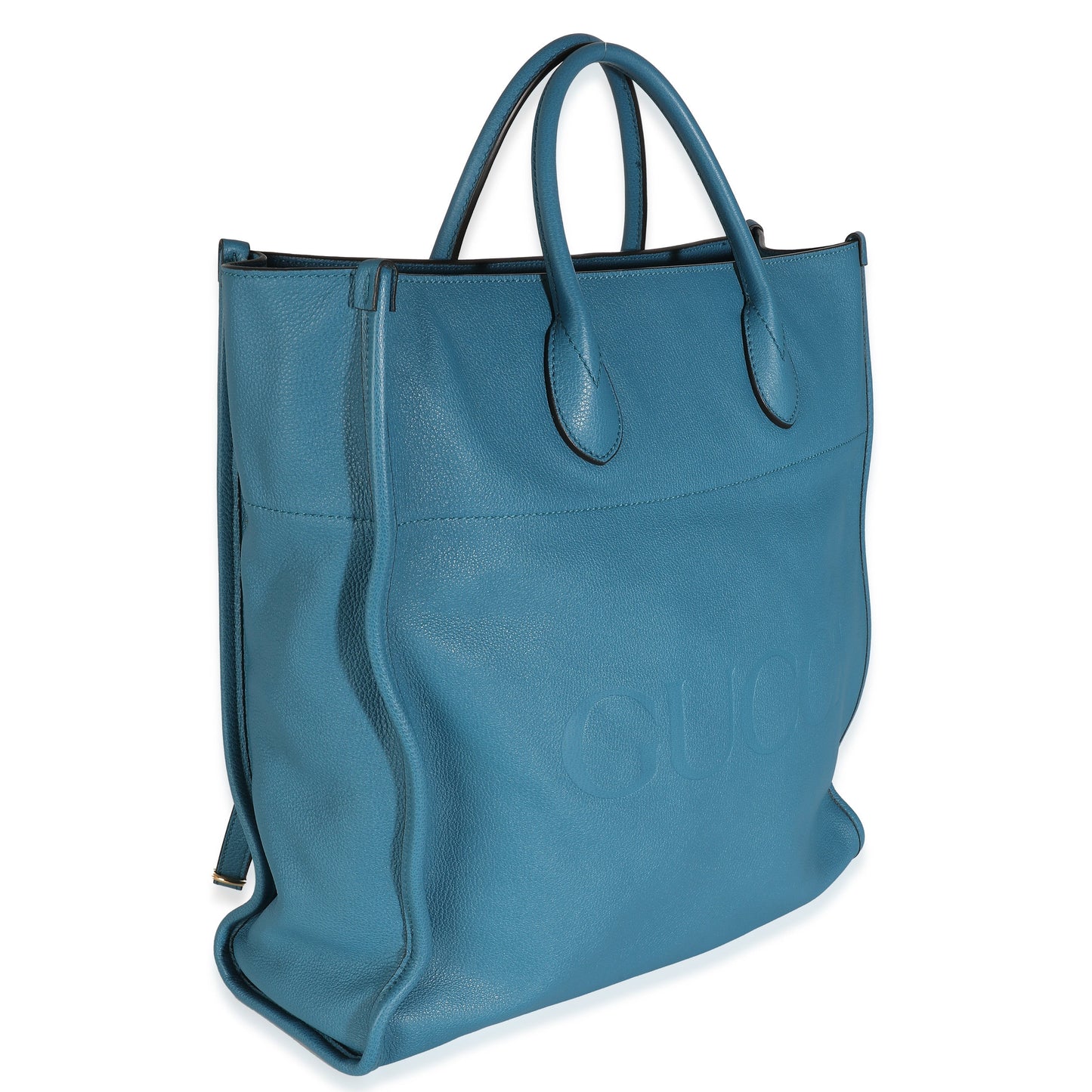 Luxury Gucci Trending 2025 Blue Leather Logo Embossed Shopper Tote
