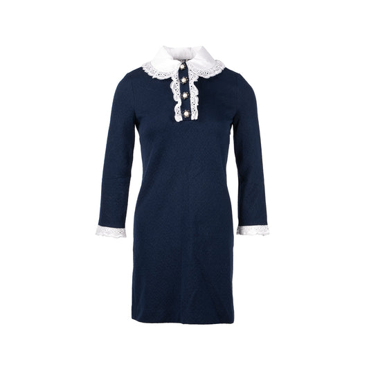 MIU MIU Size XS Lace Collar Jacquard Dress With Pearl Cotton/Polyamide Navy/White