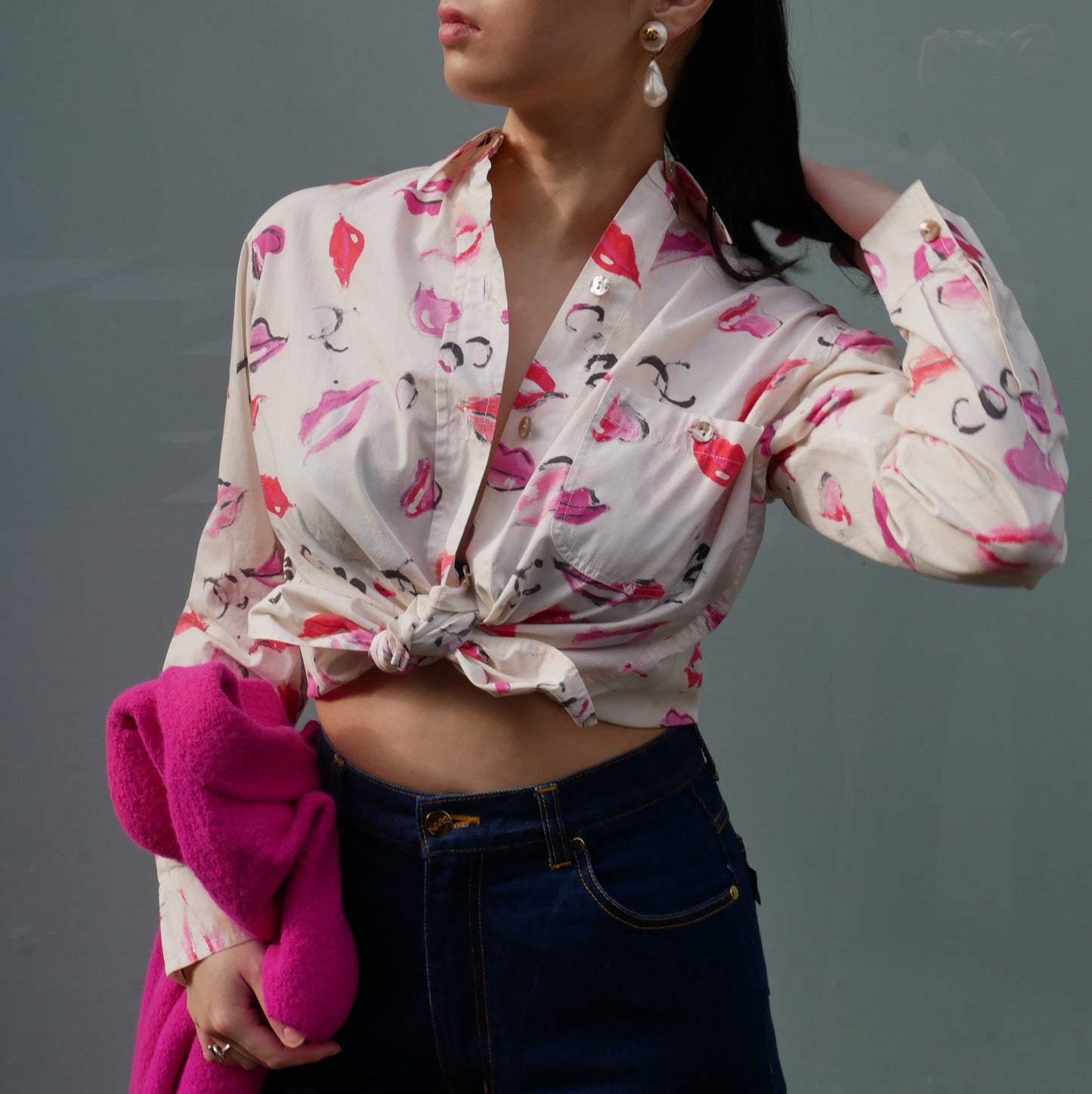 Luxury Chanel 1995 lip-print button-up shirt