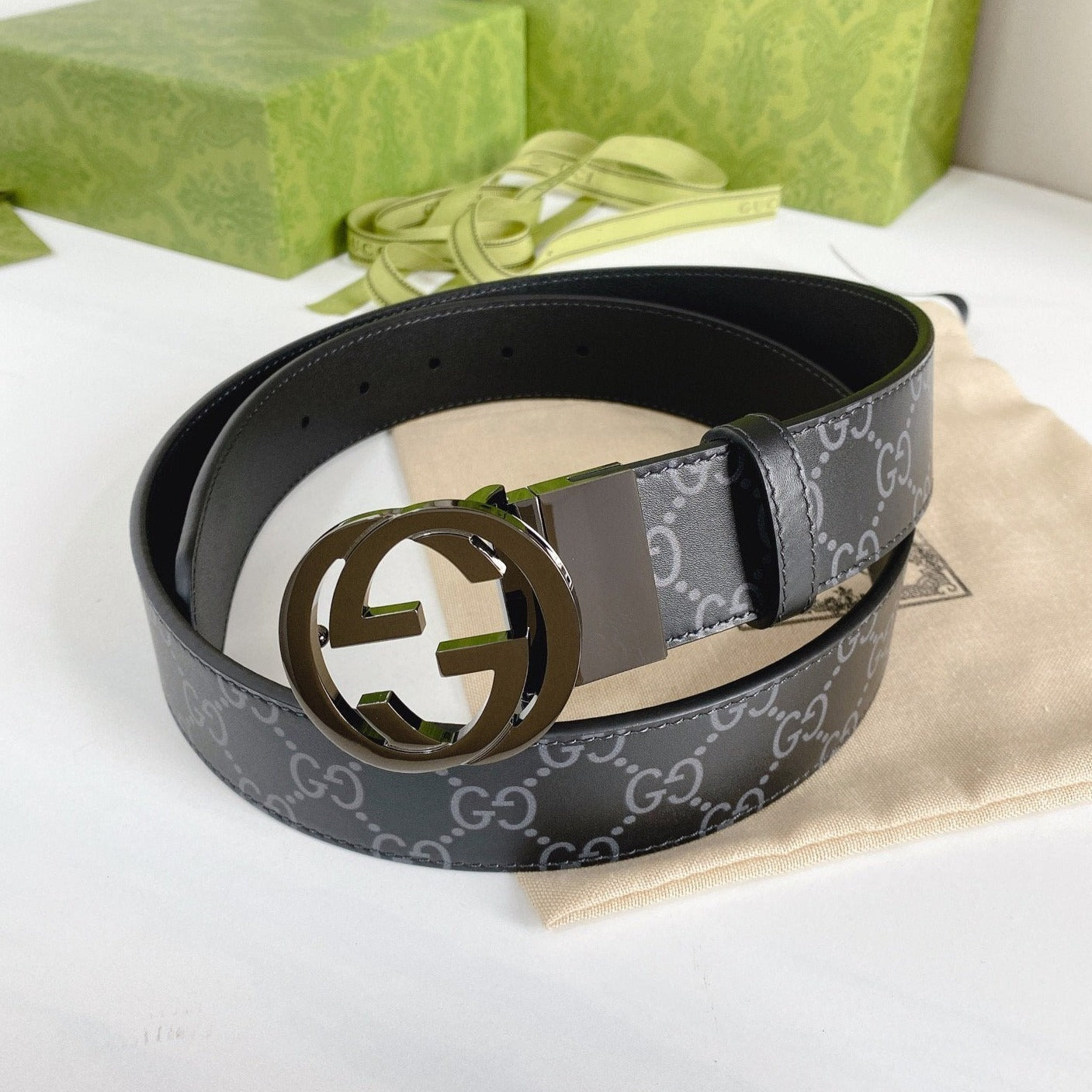 Luxury Gucci INTERLOCKING G GREY BUCKLE 38MM BLACK LEAHTER MONOGRAM