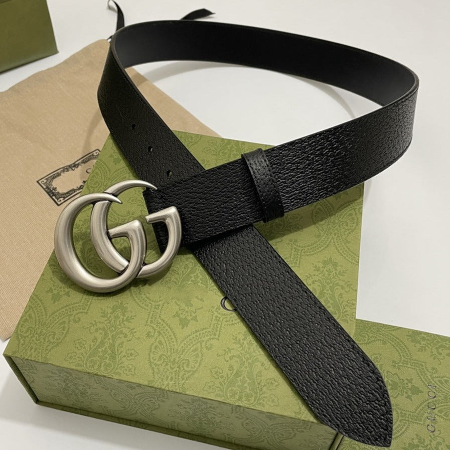 Luxury Gucci DOUBLE G SILVER BUCKLE 40MM BLACK LEATHER
