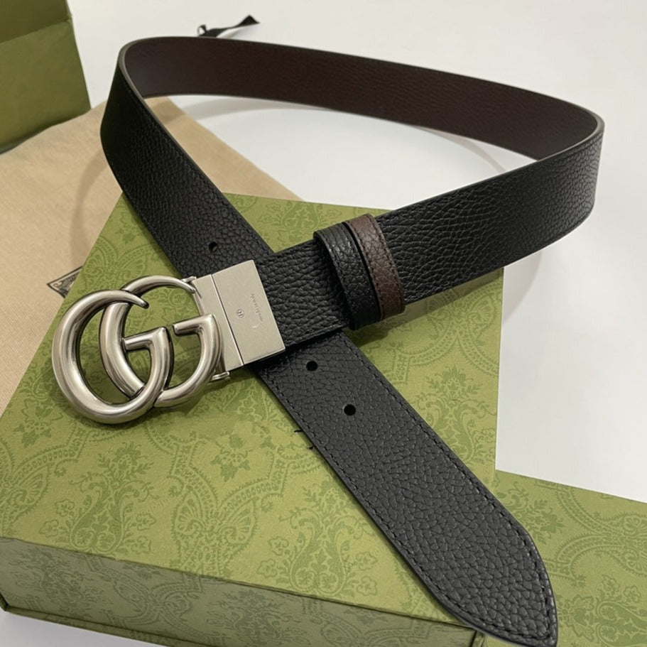 Luxury Gucci DOUBLE G SILVER BUCKLE 38MM BLACK BROWN LEATHER