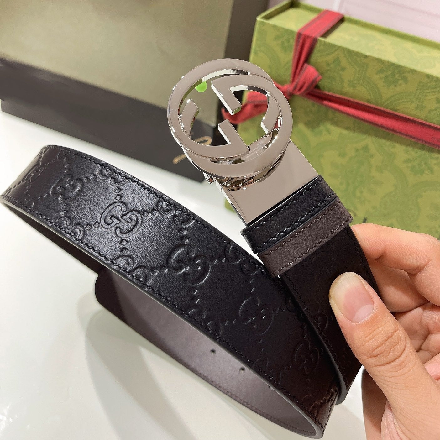 Luxury Gucci INTERLOCKING G SILVER BUCKLE 37MM BLACK BROWN LEATHER