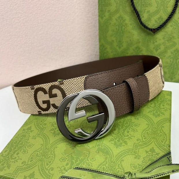 Luxury Gucci INTERLOCKING G BLACK SILVER BUCKLE 40MM BEIGE CANVAS