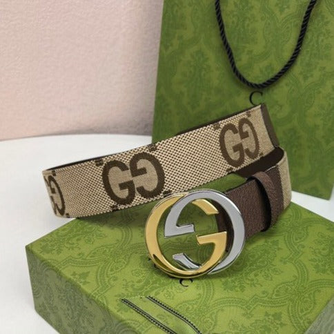 Luxury Gucci INTERLOCKING G GOLD GREY BUCKLE 40MM BEIGE CANVAS