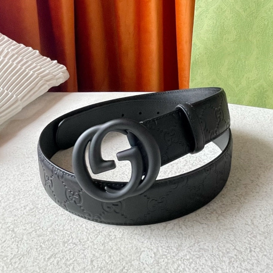 Luxury Gucci DOUBLE G BLACK BUCKLE 40MM BLACK EMPREINTE LEATHER