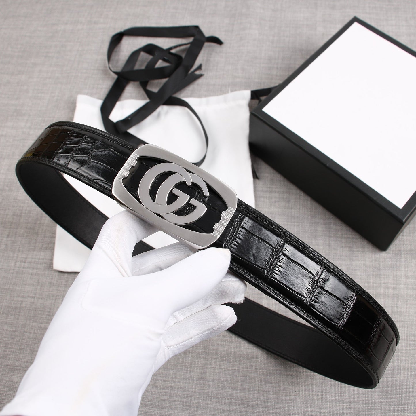Luxury Gucci G BELT SILVER BUCKLE CROCODILE POLISHED BLACK  3.8CM
