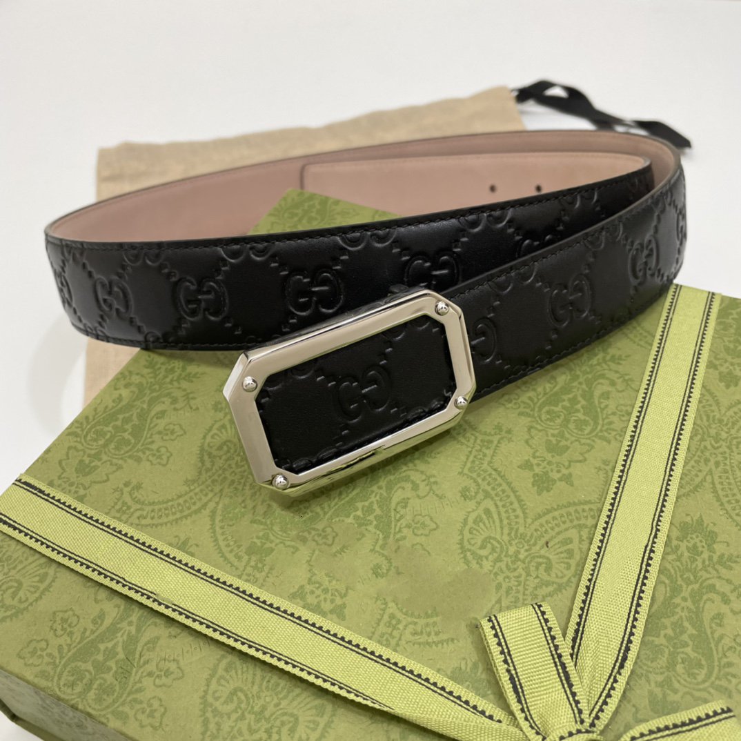 Luxury Gucci G BELT SILVER SQUARE BUCKLE BLACK LEATHER 3.5CM