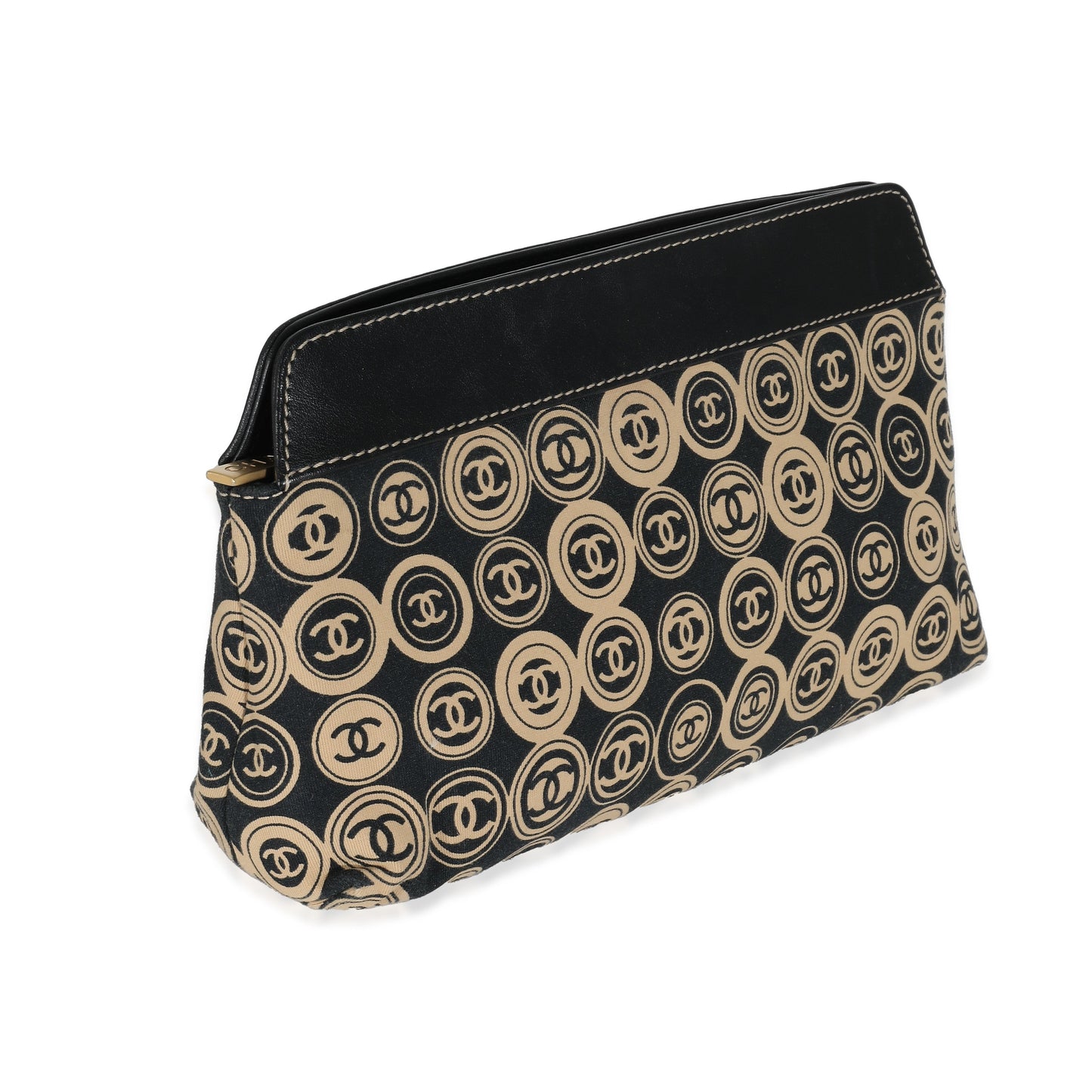 CHANEL Black Beige Canvas CC Logo Clutch