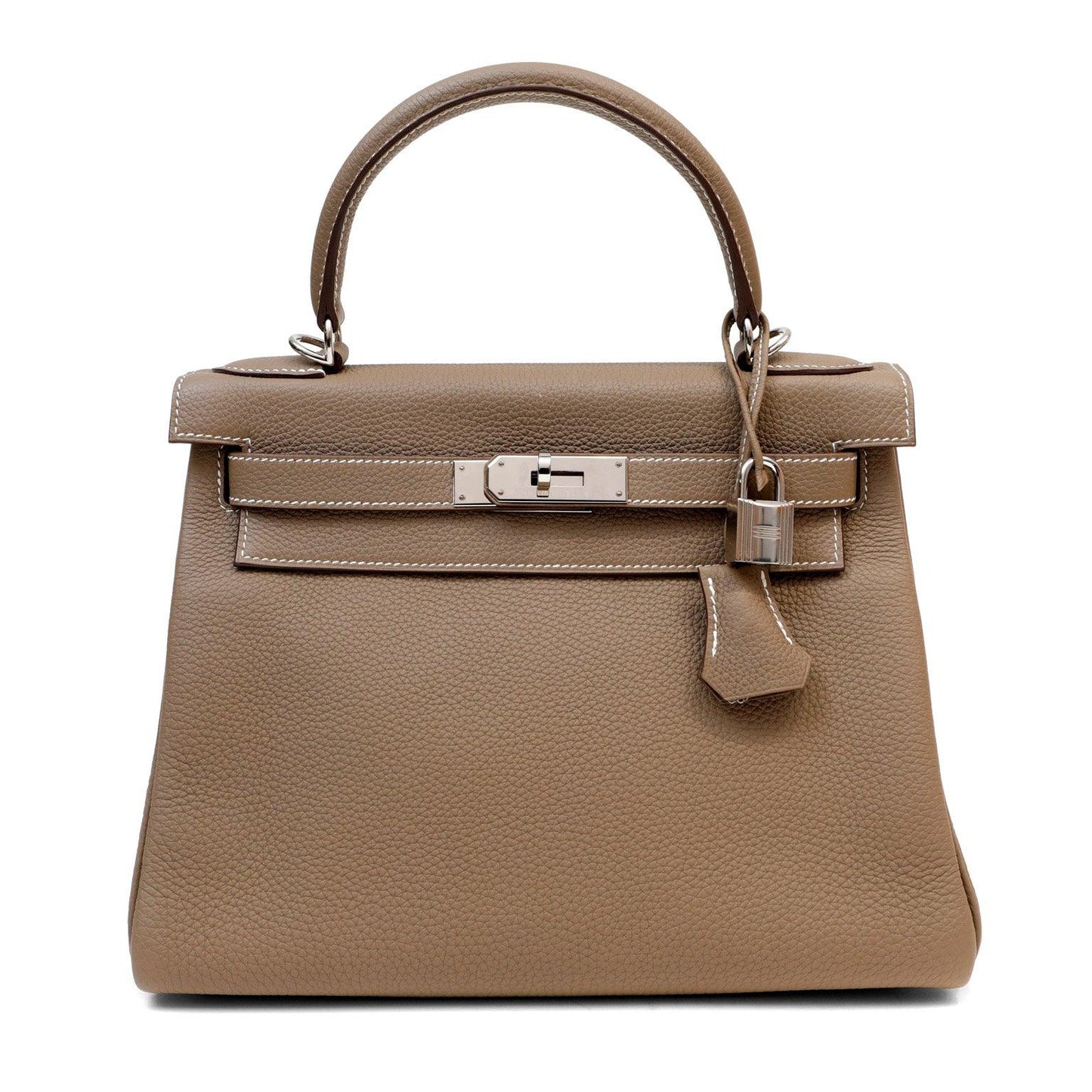 Luxury Hermes 28cm Etoupe Togo Kelly w/ Palladium Hardware & White Stitching