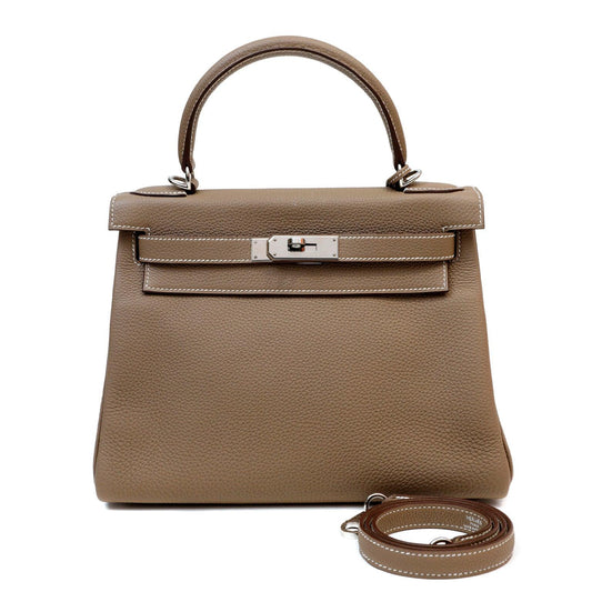 Luxury Hermes 28cm Etoupe Togo Kelly w/ Palladium Hardware & White Stitching